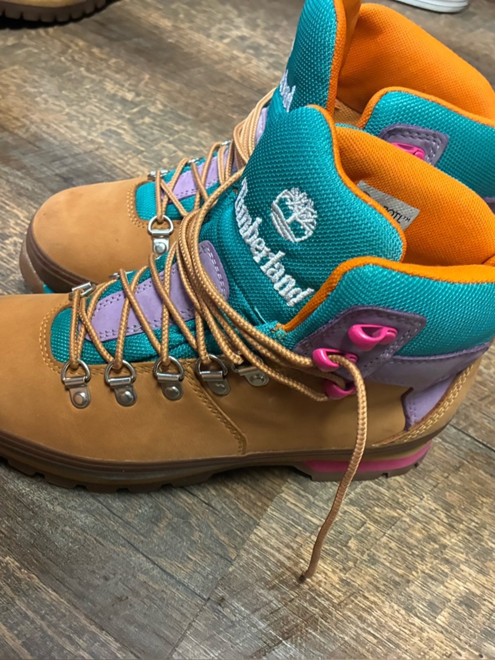 Timberland Women's Euro Hiker Mixed Media Boots Wheat Turquoise Purple Size 7 - Picture 2 of 8
